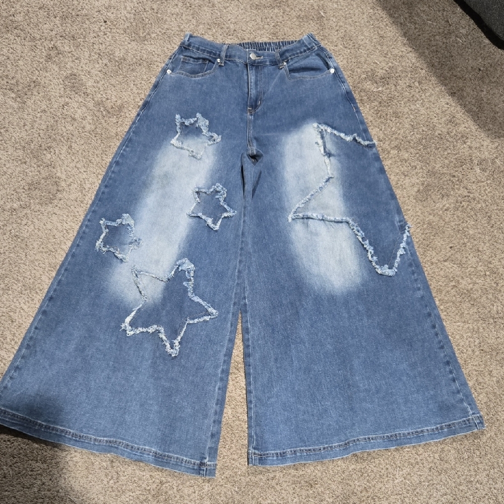 Blue Velvet Denim Star Wide-Leg Jeans